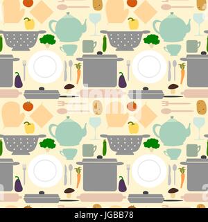 Küchengeschirr und Essen nahtlose Vektor-Muster Hintergrund illustration Stock Vektor