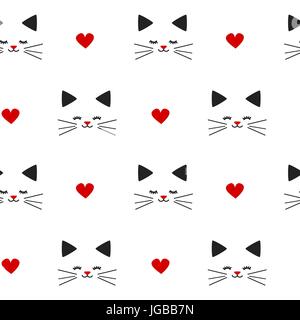 Süße schöne schwarz weiss rot nahtlose Vektor Muster Hintergrund Abbildung mit Katzen und Herzen Stock Vektor