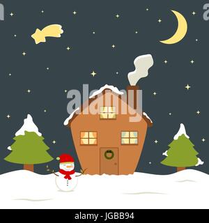 Cute cartoon Weihnachten Ferienhaus winter schnee, Schneemann und Tannenbaum Geschenkkarte Vector Illustration Stock Vektor