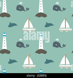 Cartoon Vintage retro-Meer nahtlose Vektormuster mit Leuchtturm Boot Wal und Delphin Stock Vektor