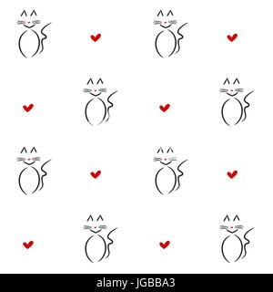 süße schwarz weiße rote lineare Katze nahtlose Muster Hintergrund Vektorgrafik Stock Vektor