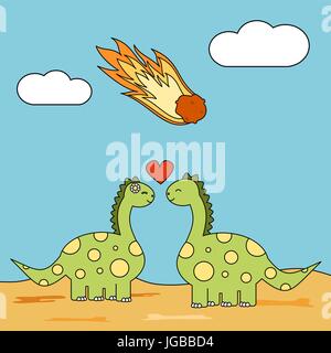 Cute cartoon Paar Dinosaurier in der Liebe während der Meteor strike lustiges Konzept Vector Illustration Stock Vektor