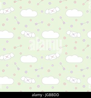 Süße schöne nahtlose Vektor Muster Hintergrund Abbildung mit Umschlag, Herz, Wolken, Pfeile, Blumen und Sterne Stock Vektor