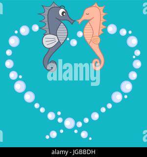Niedlich schönen cartoon Seepferdchen in Liebe romantische Vector Illustration Stock Vektor