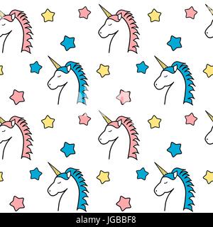 Cute cartoon bunte Einhorn mit Sterne nahtlose Vektor Muster hintergrund abbildung Stock Vektor