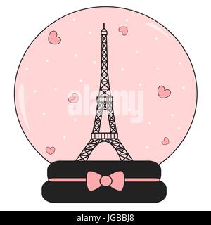 Snow crystal ball mit Eiffelturm und Herzen süße Lovely Pink und romantischen Vector Illustration Stock Vektor
