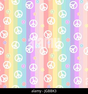 Cute white Peace Symbol mit daisy flowers auf Rainbow bunte Streifen nahtlose Vektor Muster hintergrund abbildung Stock Vektor