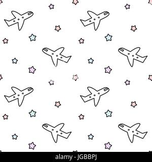 Cute cartoon Flugzeug und bunte Sterne nahtlose Vektor Muster hintergrund abbildung Stock Vektor