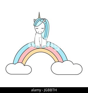 Cute cartoon Einhorn sitzen auf bunten Regenbogen Vector Illustration Stock Vektor