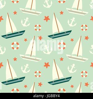 niedliche bunte Segelboot nahtlose Vektormuster mit Anker und Rettungsring Hintergrund illustration Stock Vektor