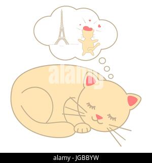 niedlichen Cartoon schlafen Katze träumt Paris-Vektor-Illustration isoliert auf weißem Hintergrund Stock Vektor