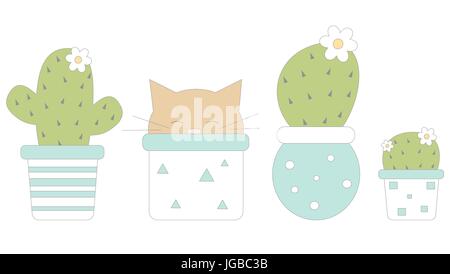 niedlichen Cartoon sukkulenten Pflanzen in schönen weißen und blauen Töpfen und Katze witzig Humor-Vektor-illustration Stock Vektor