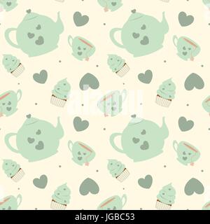 niedlichen Pastell Cartoon Teeservice nahtlose Muster Hintergrund Vektorgrafik mit cupcakes Stock Vektor