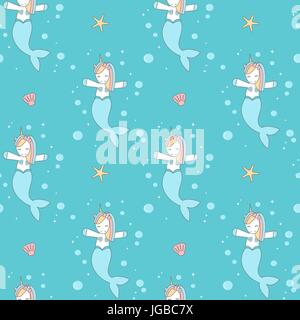 Cute cartoon nahtlose Vektor Muster Hintergrund Abbildung mit Unicorn Meerjungfrau im Meer Stock Vektor