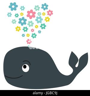 niedlichen Cartoon whale isolierten auf weißen Hintergrund mit Herz Blume Vektor-illustration Stock Vektor