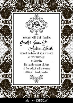 Eleganten floralen wirbelt, lacy Muster verzierten Rahmen, Monogramm und Platz für Text. Hochzeitseinladung im klassischen formalen Stil in schwarz und weiß mit fl Stock Vektor