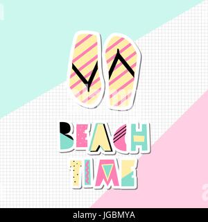 Retro-typographischen Sommer Design mit dekorativen geometrischen Buchstaben und Flip Flops in rosa, grün, schwarz und gelb auf geometrischen Hintergrund. Moderne post Stock Vektor