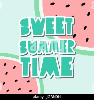 Retro-typographischen Sommer Design mit dekorativen geometrischen Buchstaben in grün und Wassermelone Scheiben auf hellblauem Hintergrund. Sommer-Plakat, Werbung Stock Vektor