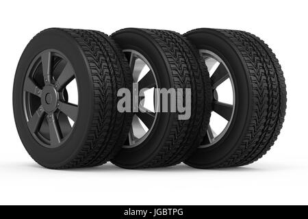3D Rendering schwarze Reifen mit schwarzen Rad Datenträger in einer Reihe Stockfoto