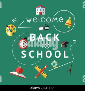 Digitale Vektor rot grüne Icons Infografik mit gezeichneten einfache Strichzeichnungen, Teleskop Karte Globus Hut Glocke Uhr Stift Lineal Buch Apple Brille, Willkommen zurück Stock Vektor