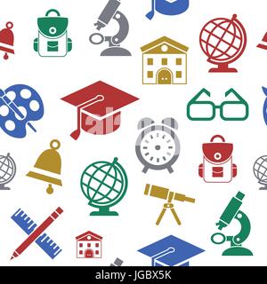 Digitale Vektor grün rot gelb Schule-Icons mit gezeichneten einfache Linie Kunst Musterdesign, Karte Kinder Globus Hut Glocke Uhr Stift Lineal Buch Apfel Mädchen Stock Vektor