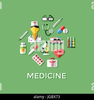 Digitale Vektor grün rot Krankenschwester-Apotheke medizinische Icons set mit gezeichneten einfache Linie Kunst Infografik, Krankenwagen Zahn Pillen Röhren Medizin Dropper zuerst Stock Vektor