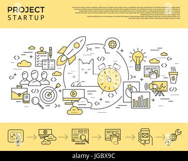Digitale Vektor-gelbe Start Business Icons mit einfachen gezeichnete Linie Kunst Infografik, Präsentation mit Projekt- und Teamleiter Elemente um Promo templat Stock Vektor