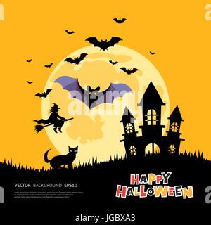 Digital vector gelb lila happy Halloween Icons mit gezeichnete einfache Linie Kunst Infografik, Präsentation mit großen Mond Fledermäuse, Katze und Kürbis Elemente Stock Vektor