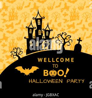 Digital vector gelb schwarz happy Halloween Icons mit gezeichnete einfache Linie Kunst Infografik, Präsentation mit Fledermäusen, Katze und Kürbis Friedhof Elemente ein Stock Vektor