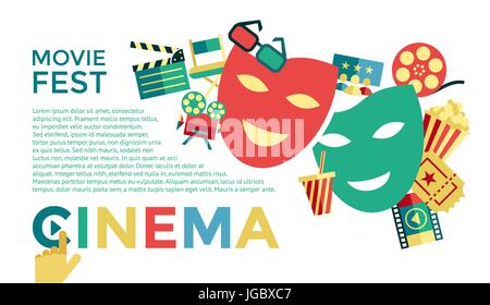 Digitale Vektor blau Kino-Icons mit gezeichneten einfache Linie Kunst Infografik, Präsentation mit Film Fest, Spaß und Maske Elemente um Promo-Vorlage, Stock Vektor