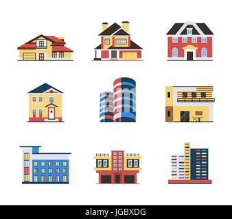 Digitale Vektor blau rote Stadt Gebäude Symbole mit gezeichneten einfache Linie Kunst Infografik, Präsentation mit Bank, Shop und geschäftliche Zentrum Elemente um Stock Vektor