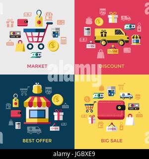 Digitale Vektor gelb rot einkaufen Verkauf Symbole mit gezeichneten einfache Linie Kunst Infografik, Präsentation mit Geld, Handel und Wirtschaft Elemente um p Stock Vektor