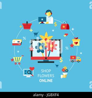 Digital vector blau rot shopping Verkauf Ikonen mit gezogenen einfache Linie Kunst Infografik, Präsentation mit Geld, Computer-Monitor und Blumen, Wirtschaft el Stock Vektor