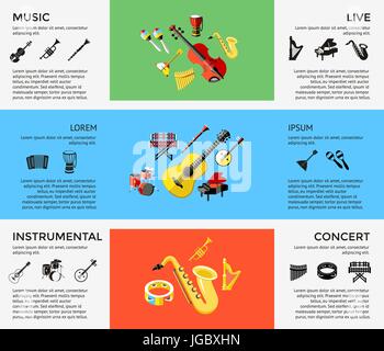 Digitale Vektor blau Musik Instrumente-Ikonen mit gezogenen einfache Linie Kunst Infografik, Präsentation mit Gitarre, Klavier, Schlagzeug und sound-Elemente rund um Stock Vektor