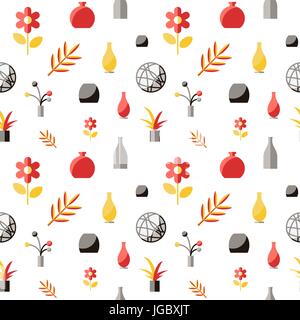 Digitale Vektor roten Möbeln-Icons mit einfachen gezeichnete Linie Kunst Infografik, nahtlose Muster Präsentation mit Vase, Blume, Bild, Rahmen und inter Stock Vektor