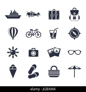 Digitale Vektor schwarzen Strand Reisen-Icons set mit gezeichneten einfache Linie Kunst Infografik, Präsentation mit Sonne, Hausschuhe und Meer Urlaub Elemente um Stock Vektor