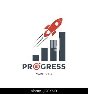 Digitale Vektor rot schwarz Start-Icons mit gezeichneten einfache Linie Kunst Infografik, Präsentation mit Rakete abheben und Fortschrittsbalken Diagramm Promo templ Stock Vektor