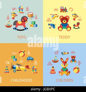 Digitale Vektor blau gelb Kinder Spielzeug Ikonen mit gezogenen einfache Linie Kunst Infografik, Präsentation mit Bären, Flugzeug und Bunny Elemente um promo Stock Vektor
