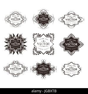 Digitale Vektor schwarz floral Ornament Sticker Sammlung, Band und Abzeichen, Tags mit flachen Stil-Ikone, Vintage-Rahmen, Text, Premium-Qualität Stock Vektor