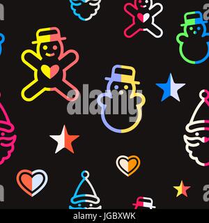 Digital vector gelb schwarz frohes neues Jahr frohe Weihnachts-Icons mit gezeichneten einfache Linie Kunst Infografik, nahtloses Muster, Präsentation mit Spielzeug und Stock Vektor