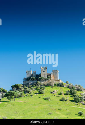 Alten römischen Kastells auf grünem Hügel gegen einen tiefen blauen wolkenlosen Himmel.  Hochformat mit oben genannten großen Exemplar. Das Schloss ist das Castillo de Almo Stockfoto