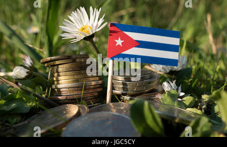 Kubanische Flagge mit Stapel von Geld Münzen mit Rasen und Blumen Stockfoto