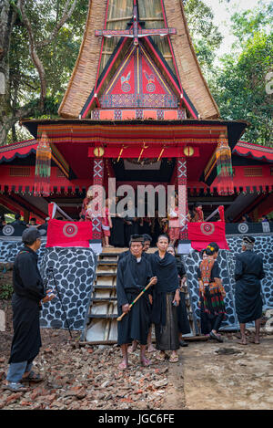 Familie bei der Feier der Beerdigung eines alten Mannes, Tana Toraja, Sulawesi, Indonesien Stockfoto