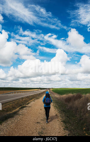 Frau zu Fuß entlang der Camino de Santiago, Castiglia und Leon, Spanien Stockfoto