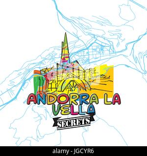 Andorra reisen Geheimnisse Art Map für die Zuordnung von Experten und Reiseführer. Handgemachte Stadt Logo, Typo-Abzeichen und Hand gezeichnete Vektor-Bild an der Spitze sind gruppiert eine Stock Vektor