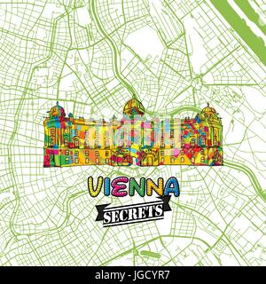 Wien reisen Geheimnisse Art Map für die Zuordnung von Experten und Reiseführer. Handgemachte Stadt Logo, Typo-Abzeichen und Hand gezeichnete Vektor-Bild an der Spitze sind gruppiert und Stock Vektor