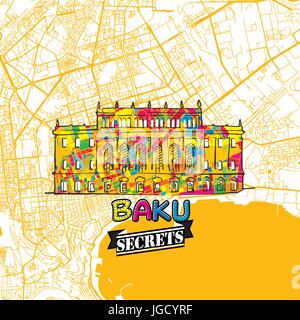 Baku reisen Geheimnisse Art Map für die Zuordnung von Experten und Reiseführer. Handgemachte Stadt Logo, Typo-Abzeichen und Hand gezeichnete Vektorbild auf Top sind gruppiert und m Stock Vektor