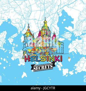 Helsinki Reise Geheimnisse Art Map für die Zuordnung von Experten und Reiseführer. Handgemachte Stadt Logo, Typo-Abzeichen und Hand gezeichnete Vektor-Bild an der Spitze sind gruppiert eine Stock Vektor