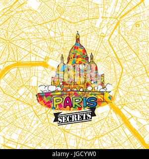 Paris Reisen Geheimnisse Art Map für die Zuordnung von Experten und Reiseführer. Handgemachte Stadt Logo, Typo-Abzeichen und Hand gezeichnete Vektor-Bild an der Spitze sind gruppiert und Stock Vektor