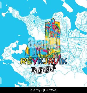 Reykjavik Reisen Geheimnisse Art Map für die Zuordnung von Experten und Reiseführer. Handgemachte Stadt Logo, Typo-Abzeichen und Hand gezeichnete Vektorbild auf Top sind gruppiert Stock Vektor